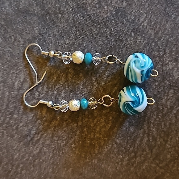 3/$30 HANDMADE Lampwork Marble Beaded Long Dangle Hook Earrings - Picture 4 of 4